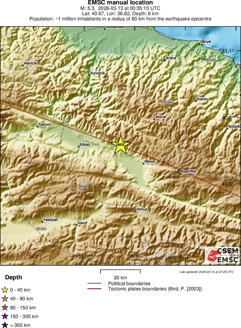 EMSC Yerel Harita — 13 Mart 2026 Tokat Mw 5.3 — Erbaa–Niksar