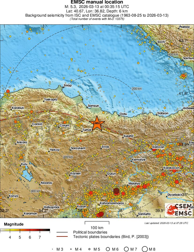 EMSC Bölgesel Sismisisite Büyüklük Haritası — 13 Mart 2026 Tokat Mw 5.3
