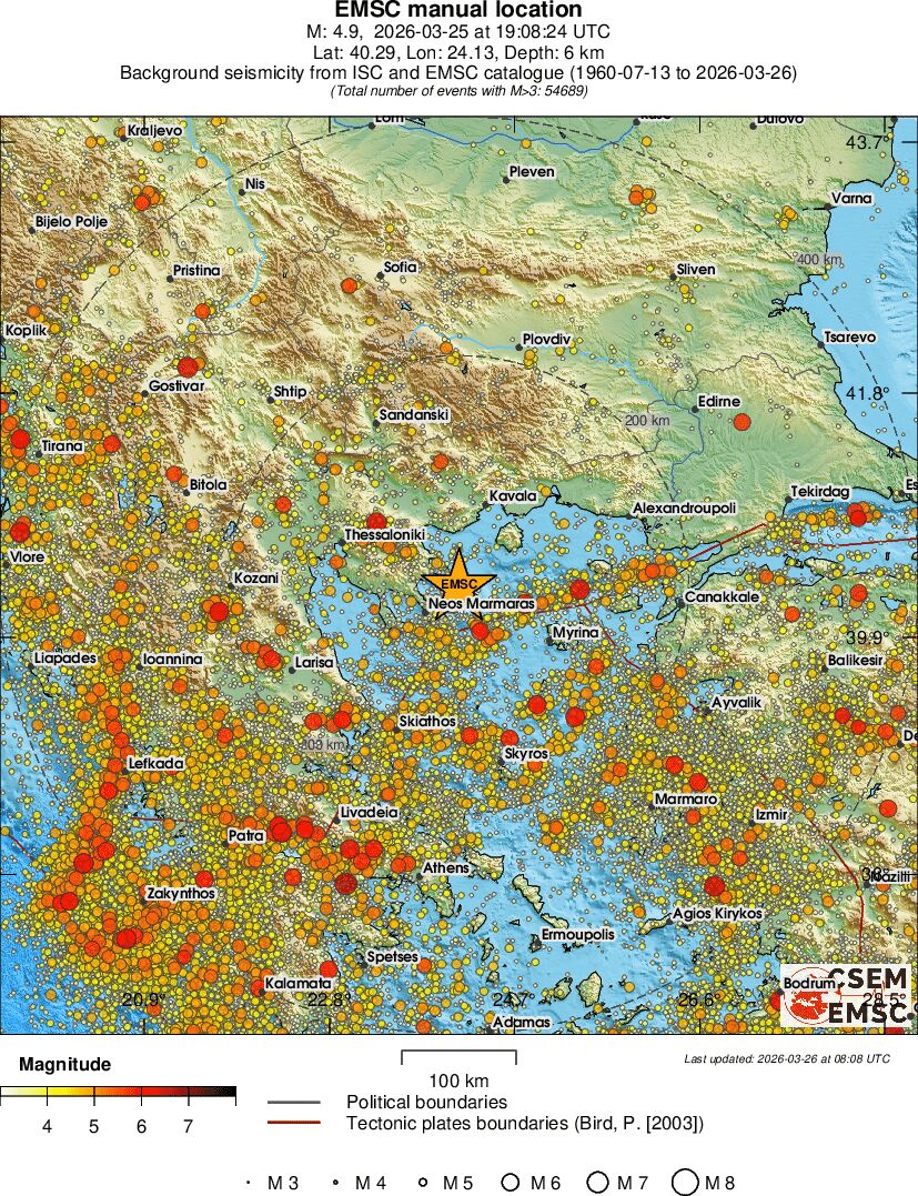 25 Mart 2026 M4.9 Depremi — EMSC Bölgesel Sismisit Haritası (büyüklüğe göre renklendirilmiş)