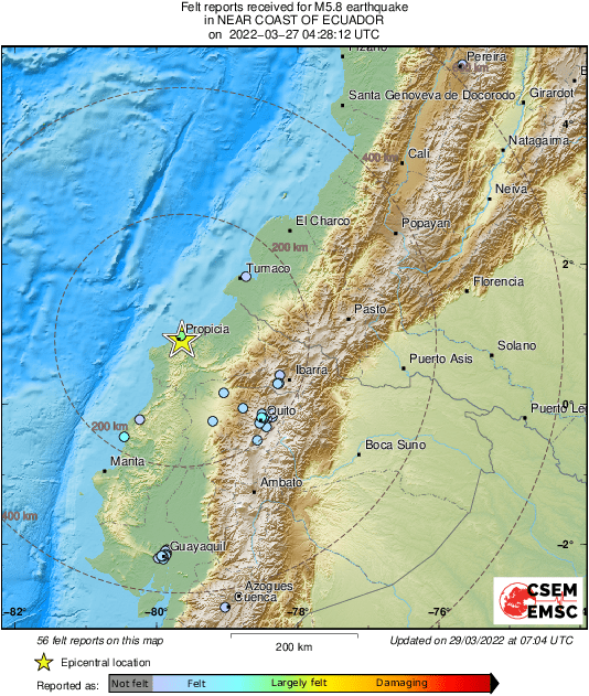 Earthquake - Magnitude 5.8 - NEAR COAST OF ECUADOR - 2022 March 27, 04:28:15 UTC