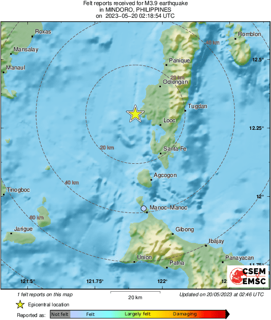 Earthquake - Magnitude 3.9 - MINDORO, PHILIPPINES - 2023 May 20, 02:18: ...