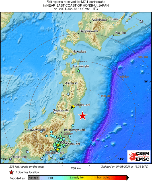 Earthquake Magnitude 7 1 Near East Coast Of Honshu Japan 21 February 13 14 07 51 Utc